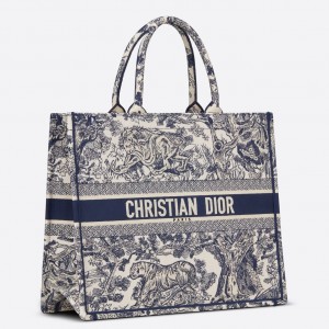 Dior Large Book Tote Bag In Blue Toile de Jouy Embroidery