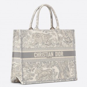 Dior Large Book Tote Bag In Grey Toile de Jouy Embroidery