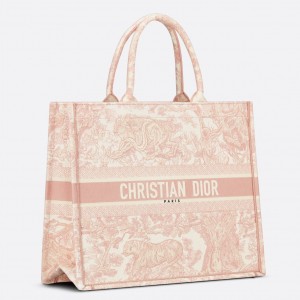 Dior Large Book Tote Bag In Pink Toile de Jouy Embroidery