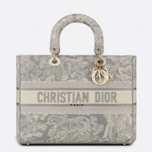 Dior Lady D-Lite Large Bag in Grey Toile de Jouy Reverse Embroidery