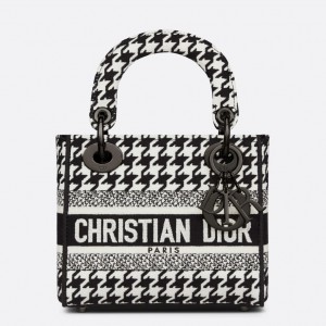 Dior Lady D-Lite Mini Bag In Black and White Houndstooth Embroidery