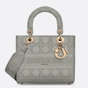 Dior Lady D-Lite Medium Bag In Grey Cannage Embroidered Canvas