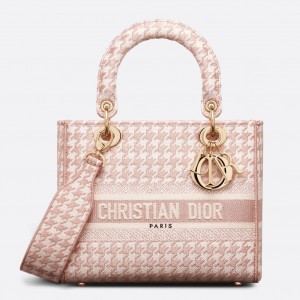 Dior Lady D-Lite Medium Bag In Pink & White Houndstooth Embroidery