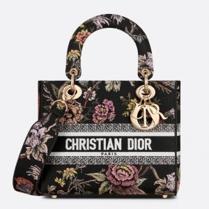 Dior Lady D-Lite Medium Bag In Black Jardin Botanique Embroidery