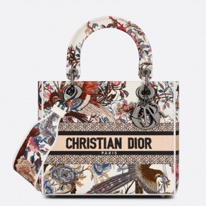 Dior Lady D-Lite Medium Bag In White Jardin d'Hiver Embroidery