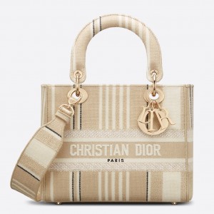 Dior Lady D-Lite Medium Bag In Beige Stripes Embroidery