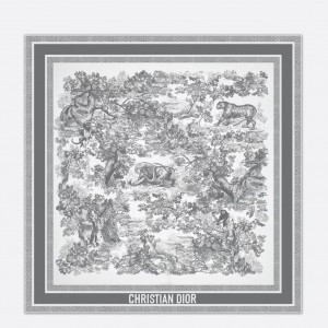 Dior Toile de Jouy Sauvage 90 Square Scarf in Grey Silk Twill