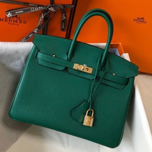 Hermes Birkin 25cm Bag in Malachite Clemence Leather with GHW