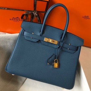 Hermes Birkin 35cm Bag in Blue Agate Clemence Leather with GHW