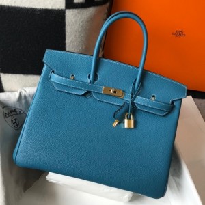 Hermes Birkin 35cm Bag in Blue Jean Clemence Leather with GHW