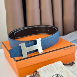 Hermes Constance Reversible Belt 38MM in Blue Clemence Leather