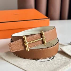 Hermes H d'Ancre Reversible Belt 32MM in Gold and White Epsom Calfskin