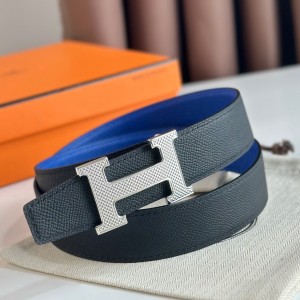 Hermes H Guillochee Reversible Belt 32MM in Black and Blue Epsom Calfskin