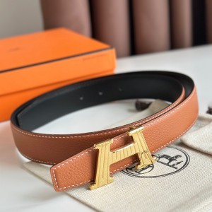 Hermes H Take Off Reversible Belt 32MM in Gold Clemence Leather