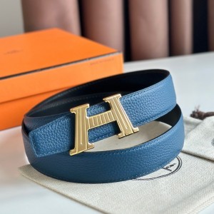 Hermes H Take Off Reversible Belt 32MM in Blue Clemence Leather