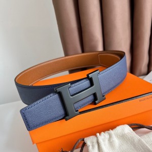 Hermes H Reversible 38MM Belt with matte Buckle in Blue and Gold Epsom Leather