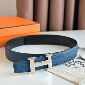 Hermes H Reversible Belt 32MM in Blue Clemence Leather