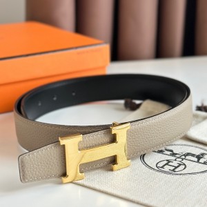 Hermes H Reversible Belt 32MM in Grey Clemence Leather
