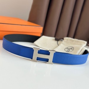 Hermes H Reversible Belt 32MM in Blue and Black Epsom Leather