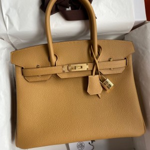 Hermes Birkin 30 Retourne Handmade Bag In Biscuit Clemence Leather 
