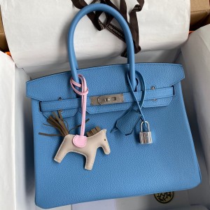 Hermes Birkin 30 Retourne Handmade Bag In Blue Paradise Clemence Leather 