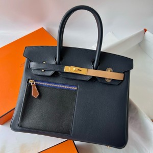 Hermes Colormatic Birkin 30 Bag in Blue Nuit, Black and Chai Swift Leather 