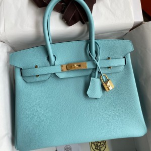 Hermes Birkin 30 Retourne Handmade Bag In Blue Atoll Epsom Calfskin 