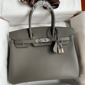 Hermes Birkin 30 Retourne Handmade Bag In Etain Epsom Calfskin 