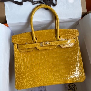 Hermes Birkin 30 Handmade Bag In Jaune Ambre Crocodile Niloticus Shiny Skin 