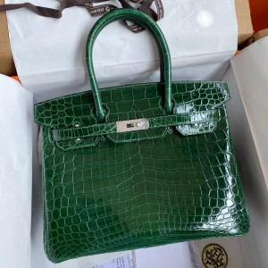 Hermes Birkin 30 Handmade Bag In Malachite Crocodile Niloticus Shiny Skin 