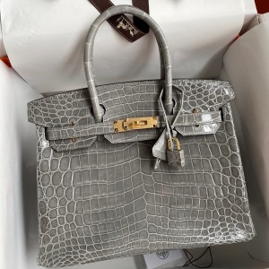 Hermes Birkin 30 Handmade Bag In Tourterelle Crocodile Niloticus Shiny Skin 