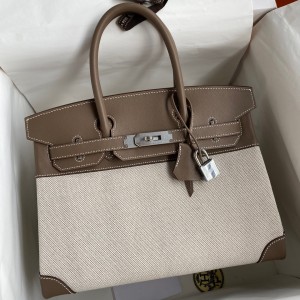 Hermes Birkin 30 Handmade Bag In Toile & Tourterelle Swift Leather