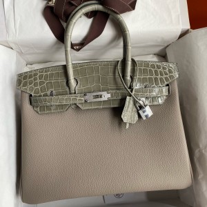 Hermes Touch Birkin 30 Bag In Gris Asphalt Clemence and Shiny Niloticus Crocodile Skin 