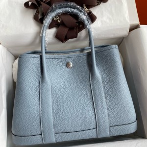 Hermes Garden Party 30 Handmade Bag in Blue Lin Clemence Leather