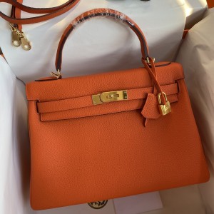 Hermes Kelly Retourne 32cm Handmade Bag In Orange Clemence Leather