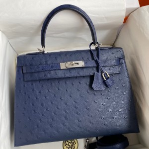 Hermes Kelly Sellier 32cm Handmade Bag In Blue Iris Ostrich Leather