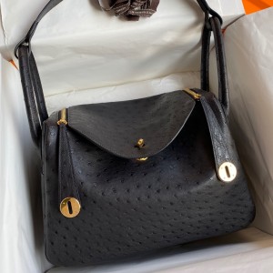 Hermes Lindy 30 Handmade Bag In Black Ostrich Leather