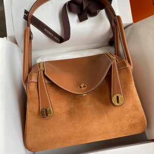 Hermes Lindy 30 Handmade Bag In Gold Doblis Suede Calfskin