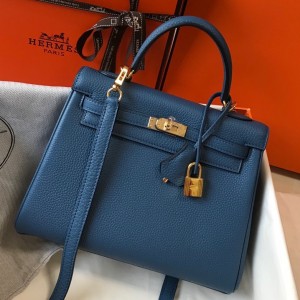 Hermes Kelly 25cm Retourne Bag in Blue Agate Clemence Leather with GHW
