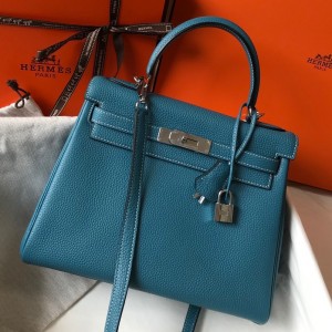 Hermes Kelly 25cm Retourne Bag in Blue Jean Clemence Leather with PHW