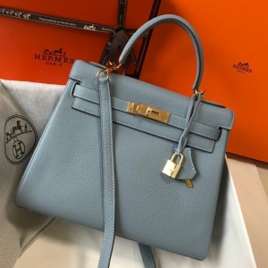 Hermes Kelly 25cm Retourne Bag in Blue Lin Clemence Leather with GHW