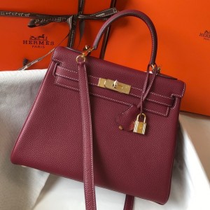 Hermes Kelly 25cm Retourne Bag in Bordeaux Clemence Leather with GHW