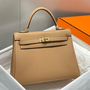 Hermes Kelly 25cm Retourne Bag in Chai Clemence Leather with GHW