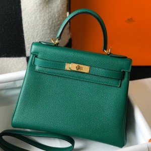 Hermes Kelly 25cm Retourne Bag in Malachite Clemence Leather with GHW