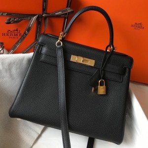 Hermes Kelly 25cm Retourne Bag in Black Clemence Leather with GHW
