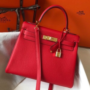 Hermes Kelly 25cm Retourne Bag in Red Clemence Leather with GHW