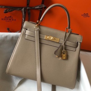 Hermes Kelly 25cm Retourne Bag in Tourterelle Clemence Leather with GHW