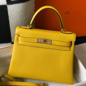 Hermes Kelly 25cm Retourne Bag in Yellow Clemence Leather with GHW