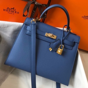 Hermes Kelly 25cm Sellier Bag in Blue Agate Epsom Leather with GHW
