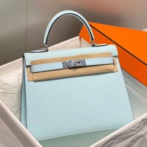 Hermes Kelly 25cm Sellier Bag in Blue Brume Epsom Leather with PHW